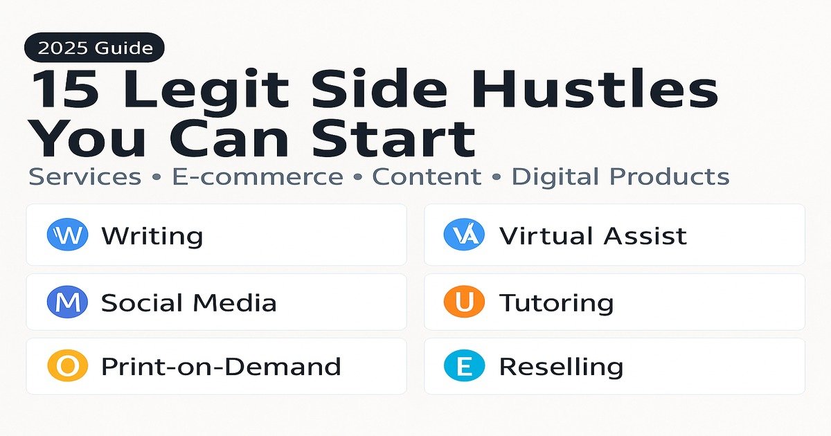 Collage of home-based side hustles—freelance writing, virtual assistance, social media, reselling, print-on-demand, and digital products—illustrating 15 legit ways to earn from home